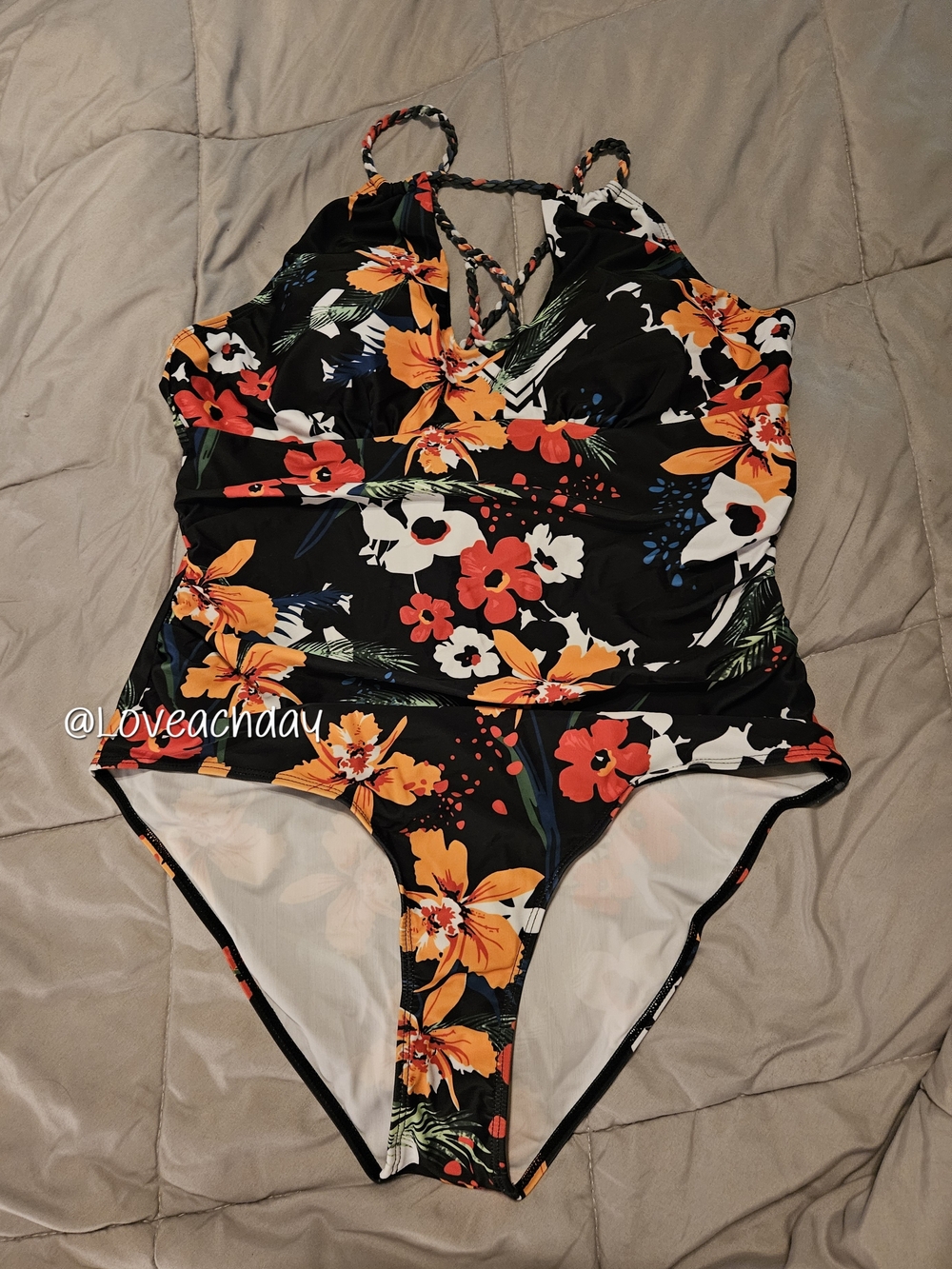 ✨️Black Floral One-Piece Swimsuit with Orange & Red Flowers